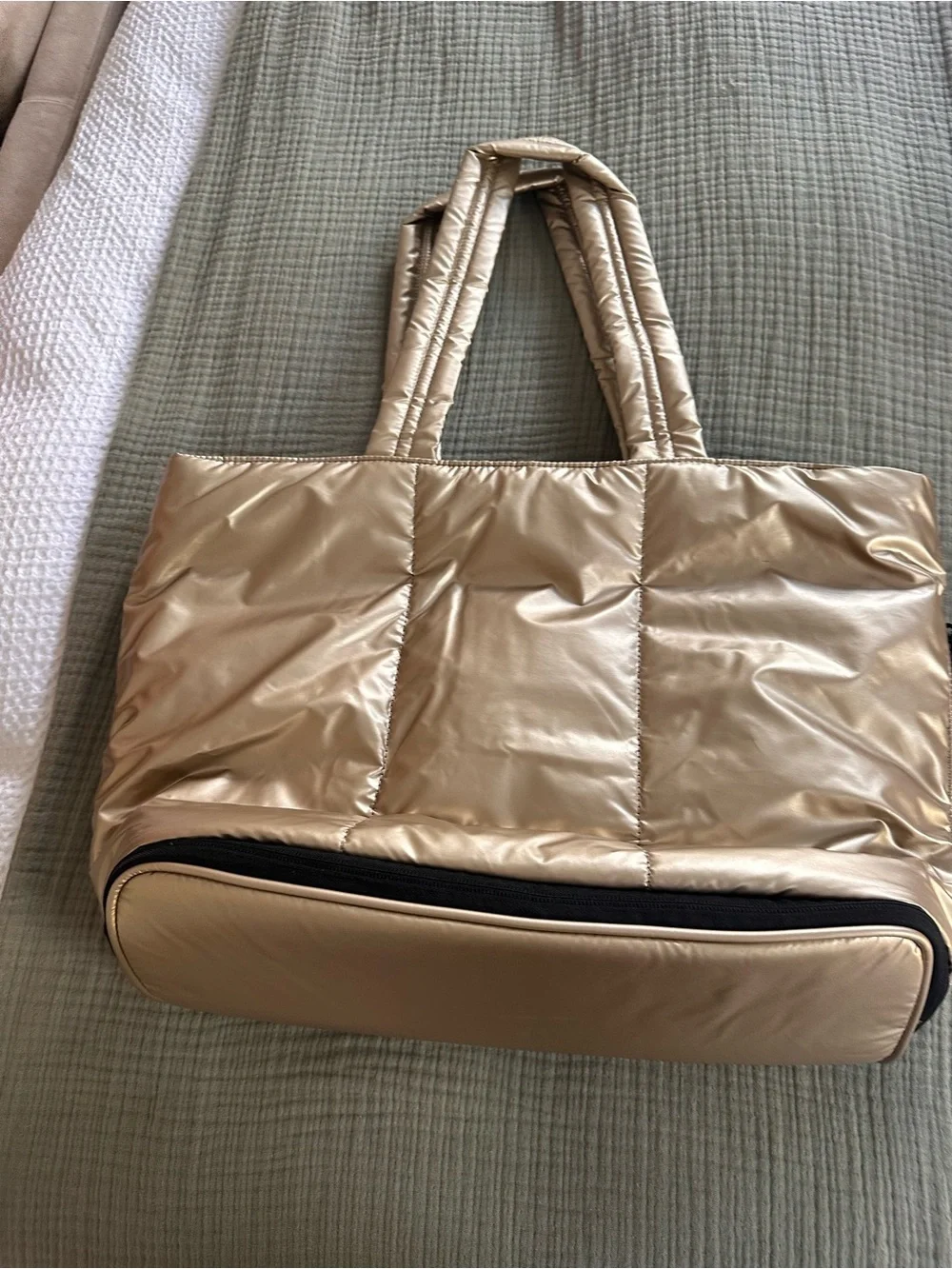 Calpak Metallic Gold Quilted Tote with Zip Base